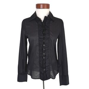 Armani Jeans Black Sheer Ruffle Button Down Blouse Top Y2K Gothic Size 2 Luxury